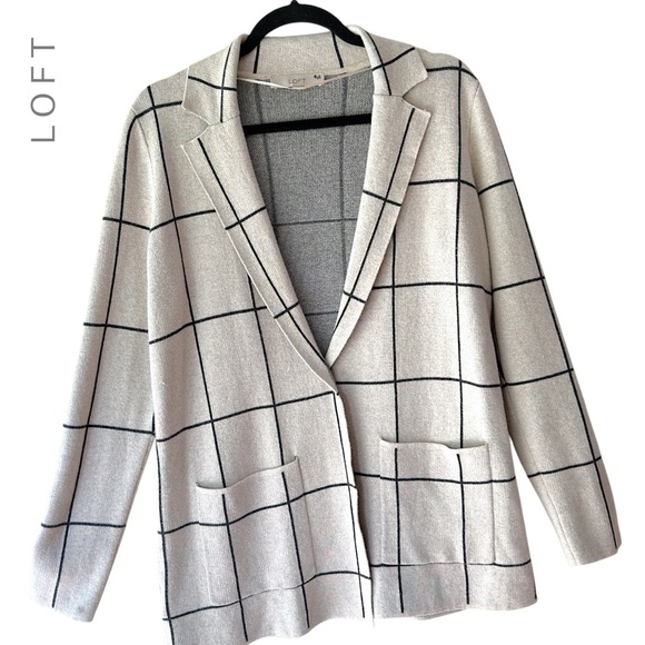 LOFT | NWOT RELAXED WINDOW PANE COTTON SWEATER BLAZER OPEN FRONT | MEDIUM - Picture 1 of 10